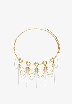 Gold chain necklace with five heart-shaped links, each adorned with hanging gold and silver chains creating a layered drape effect.