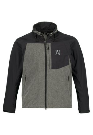 Pánská bunda v šedé a černé barvě, s předním zipem, kapucí a náprsní kapsou. Vyrobena z lehkého, texturovaného materiálu se znakem.