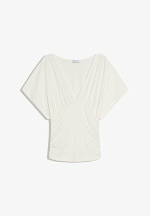 Blouse blanche à manches courtes avec un col en V profond et un détail de tissu froncé à l'avant, présentée sur un fond blanc uni.