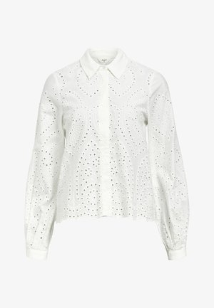 Camicia bianca a maniche lunghe con colletto, caratterizzata da ricami a occhiello in un motivo paisley e chiusura con bottoni sul davanti.