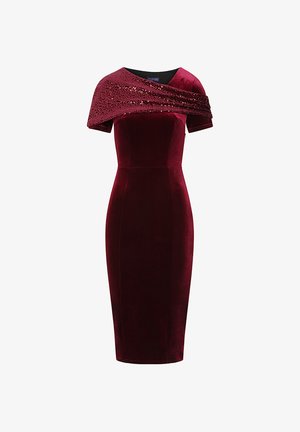 Burgundy velvet midi dress with short sleeves and a sequined, asymmetrical shoulder wrap detail.