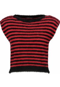 Rood en zwart gestreept T-shirt met korte mouwen, gemaakt van pluizig materiaal. Rund halslijn en losse pasvorm, met een zwarte zoom en merklabel.