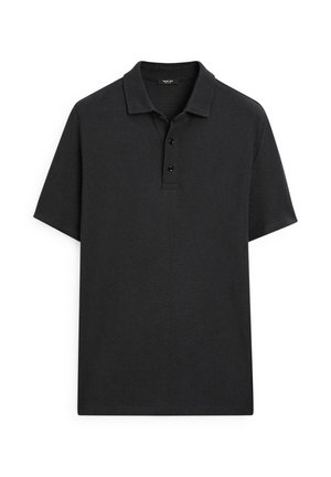 Black cotton polo shirt with short sleeves, three-button placket, and a classic collar. Smooth texture, minimal design, no visible patterns.