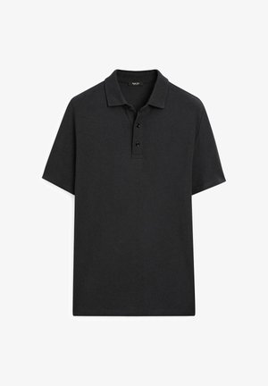 Black cotton polo shirt with short sleeves, three-button placket, and a classic collar. Smooth texture, minimal design, no visible patterns.
