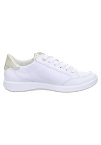 White leather sneaker with a smooth finish, round toe, and gold-accented heel. Features flat laces and a thick white rubber sole.