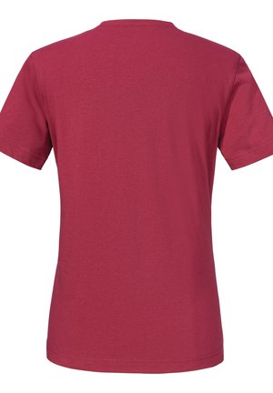Red cotton t-shirt with a crew neck and short sleeves. The fabric has a smooth texture and a plain design without patterns or accents.