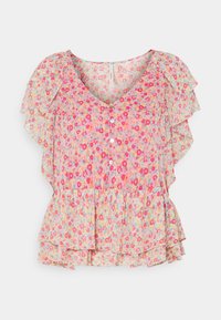 Camicetta floreale con maniche corte arricciate, scollatura a V, chiusura con bottoni e orlo peplum stratificato in colori pastello tra cui rosa, giallo e blu.