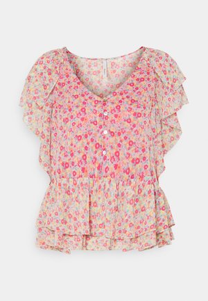 Blumenbluse mit kurzen Rüscheärmeln, V-Ausschnitt, Knopfleiste und geschichteter Peplum-Saum in sanften Farben wie Rosa, Gelb und Blau.