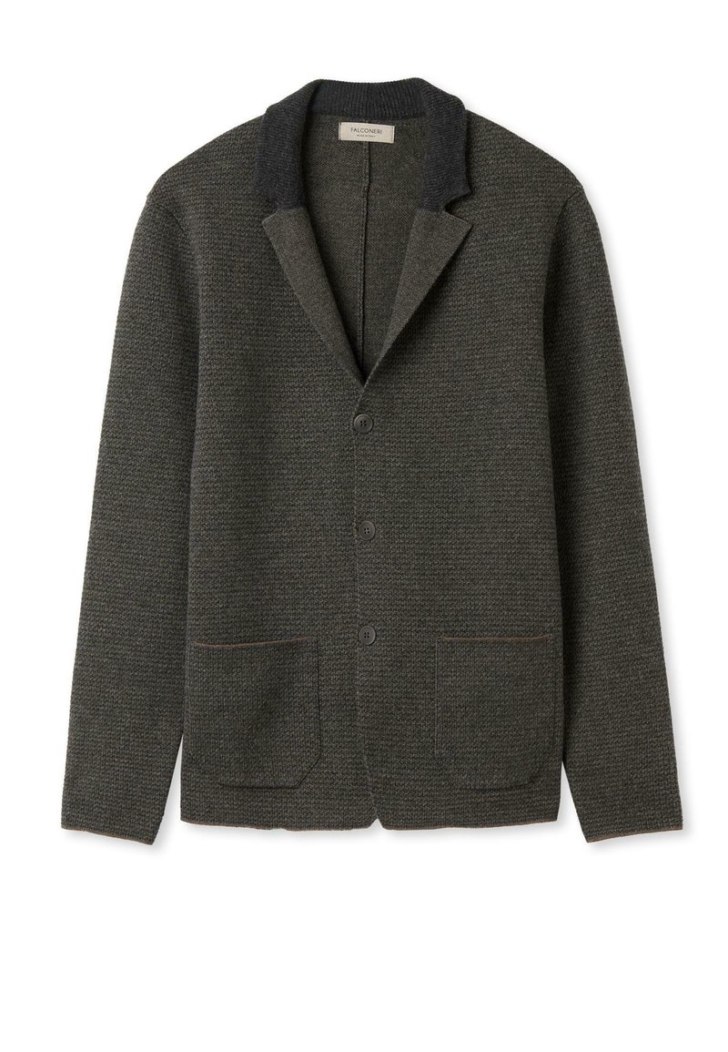 Tmavě šedý pletený blazer se třemi knoflíky, dvěma předními kapsami a kontrastním límcem.