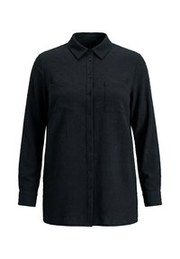Chemise noire à manches longues à boutons avec un subtil motif texturé à pois, deux poches poitrine et un col classique sur fond blanc.
