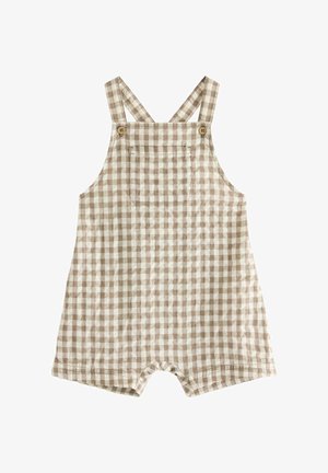 Babyheldragt i beige og hvidt tern med frontlomme, knaplukning på skulderstropperne og korte ben.