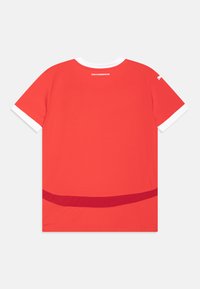 Maglietta sportiva rossa con colletto a girocollo e polsini bianchi, caratterizzata da una striscia orizzontale di un rosso più scuro sulla parte inferiore. Testo visibile sul retro.