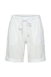 Bermudas de algodón blancas con cintura ajustable, dos grandes bolsillos laterales, dobladillos enrollados y una textura suave. Diseño simple y funcional.