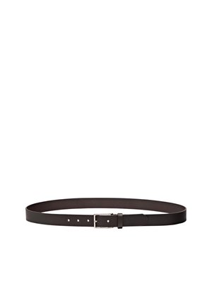 Dark brown leather belt with silver rectangular buckle and adjustable holes, displayed flat on white background.