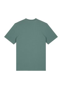 Korte mouw t-shirt in een gedempt teal kleur, gemaakt van een gladde stof. Ronde halslijn en een schone achterkant zonder zichtbare logo's of patronen.