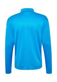 Langärmliges Hemd in leuchtendem Blau, aus glattem, leichtem Material gefertigt. Mit hohem Kragen und elastischen Bündchen. Keine sichtbaren Muster oder Logos.