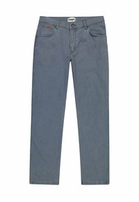 Jeans de mezclilla azul claro con corte recto, que presentan un cierre de botón, cinco bolsillos y un sutil detalle de costura a lo largo de las costuras.