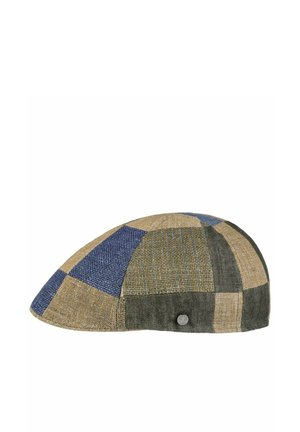 Patchwork flat cap with various textured fabric squares in blue, beige, and green tones, featuring a small round metal brand tag.