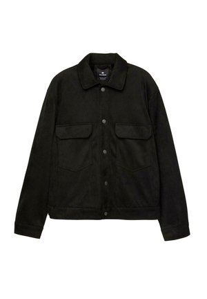 Zwarte suede jas met een kraag, drukknoopsluiting en twee voorzakken. Beschikt over een gladde textuur en een eenvoudig, klassiek ontwerp.