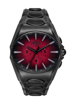 Schwarze Edelstahl-Uhr mit einem runden Ziffernblatt in Rotverlauf, silbernen Stundenmarkierungen und drei Unterdials. Besitzt ein massives Gliederarmband-Design.