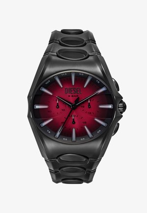 Schwarze Edelstahl-Uhr mit einem runden Ziffernblatt in Rotverlauf, silbernen Stundenmarkierungen und drei Unterdials. Besitzt ein massives Gliederarmband-Design.