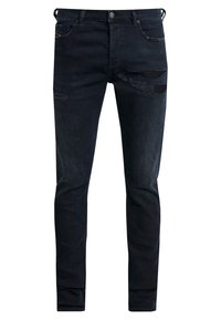 Tmavě modré džíny z denimu s úzkým střihem. Mají opotřebované detaily a mírné vyblednutí. Klasický design s pěti kapsami a kovovým zapínáním na knoflík.