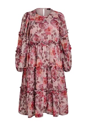 Sukienka z długim rękawem sięgająca do kolan, z różowo-fioletowym kwiatowym wzorem, okrągłym dekoltem, falbanami i marszczonym stanem oraz rękawami.