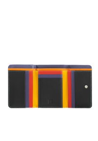 Wallet featuring black leather exterior with multiple colored card slots in red, orange, yellow, purple, and blue, stitched with contrasting thread.