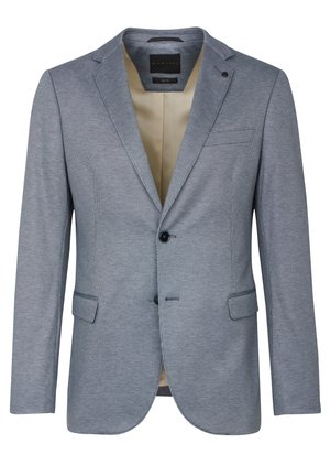 Hellgrauer Blazer mit strukturiertem Muster, einknöpfigem Verschluss, Reverskragen und beigem Futter. Verfügt über Vorderhandtaschen und eine taillierte Passform.