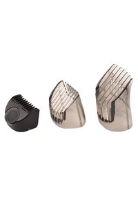 Tre plastiske klippearmer i sort og gennemsigtigt med forskellige størrelser placeret side om side på en hvid baggrund.