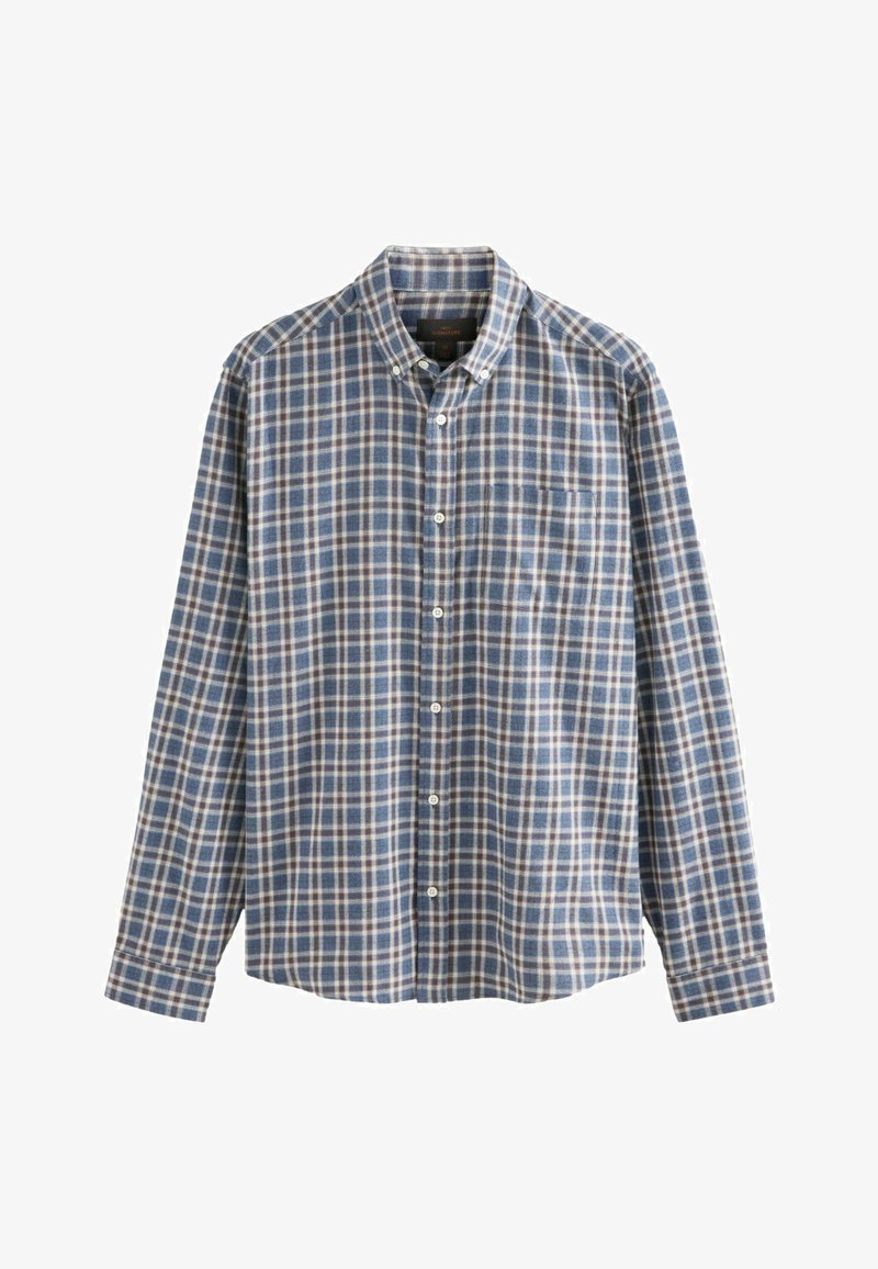 Camicia button-up realizzata in morbido cotone con un motivo a quadri blu, bianco e marrone. Presenta maniche lunghe e una tasca sul petto.