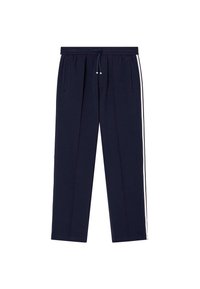 Maritime joggingsbroek van zacht materiaal, met een trekkoord in de taille, zijzakken en witte strepen langs de buitennaad.