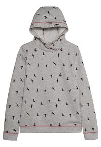 Grå huvtröja med svarta fågelmönster, i en mjuk kvalitet, långa ärmar och en röd sömprydnad vid fållen.