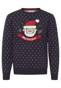 Marineblauer Pullover mit einem Grafikdesign von Santa Claus, dem Text "Ho!! Ho!! Ho!!", roten Akzenten und weißen Herzmustern im Hintergrund.