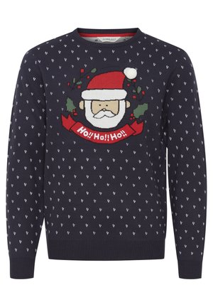 Navy sweater featuring a Santa Claus graphic, with "Ho!! Ho!! Ho!!" text, red accents, and white heart patterns on the background.