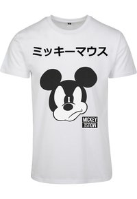 Hvid bomulds T-shirt med et stort sort grafisk tryk af Mickey Mousses ansigt og japansk tekst ovenfor, samt et trykt "MICKEY MOUSE" label nedenfor.