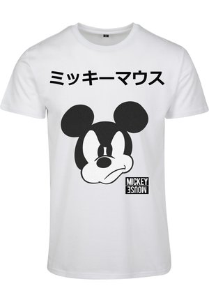 Fehér pamut póló, amelyen egy nagy fekete Mickey Mouse-fej grafika található, fölötte japán szöveggel, alatta pedig egy nyomtatott "MICKEY MOUSE" címke.
