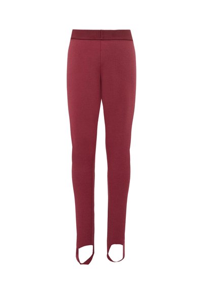 Leggings slim fit Bordeaux con cintura a coste e stirrup per i piedi, progettati per una vestibilità aderente lungo le gambe e sotto i piedi.