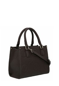 Borsa a mano in pelle marrone scuro con motivi floreali e cerchi in rilievo, due manici arrotondati e tracolla removibile con accessori in argento.