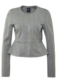 Šedá peplum bunda s kulatým výstřihem a dlouhými rukávy, se zipem vpředu a texturovaným materiálem.
