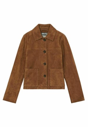 Pruun seemisnahast jakk kraega, esikinnis nuppudega, kahe suure esitaskuga ja pikkade varrukatega. Sile tekstuur ja minimalistlik disain.