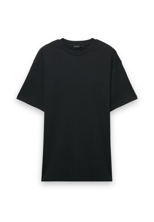T-shirt in cotone nero con maniche corte, scollo rotondo e vestibilità comoda. Texture liscia senza motivi o grafiche visibili.