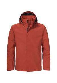 Waterdichte oranje jas met een capuchon, voorzien van een volledige rits aan de voorzijde, verstelbare trekkoorden en een minimalistisch ontwerp zonder zichtbare patronen.