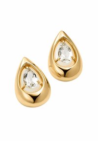 Pendientes en forma de lágrima de oro que presentan piedras claras en forma de pera, engastadas en monturas de oro lisas y reflectantes con un acabado pulido.