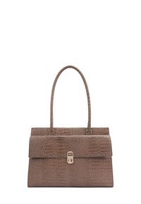 Bruine handtas met krokodillenpatroon, een gladde textuur, rechthoekige vorm en dubbele hengsels. Voorzien van een metallic sluiting.