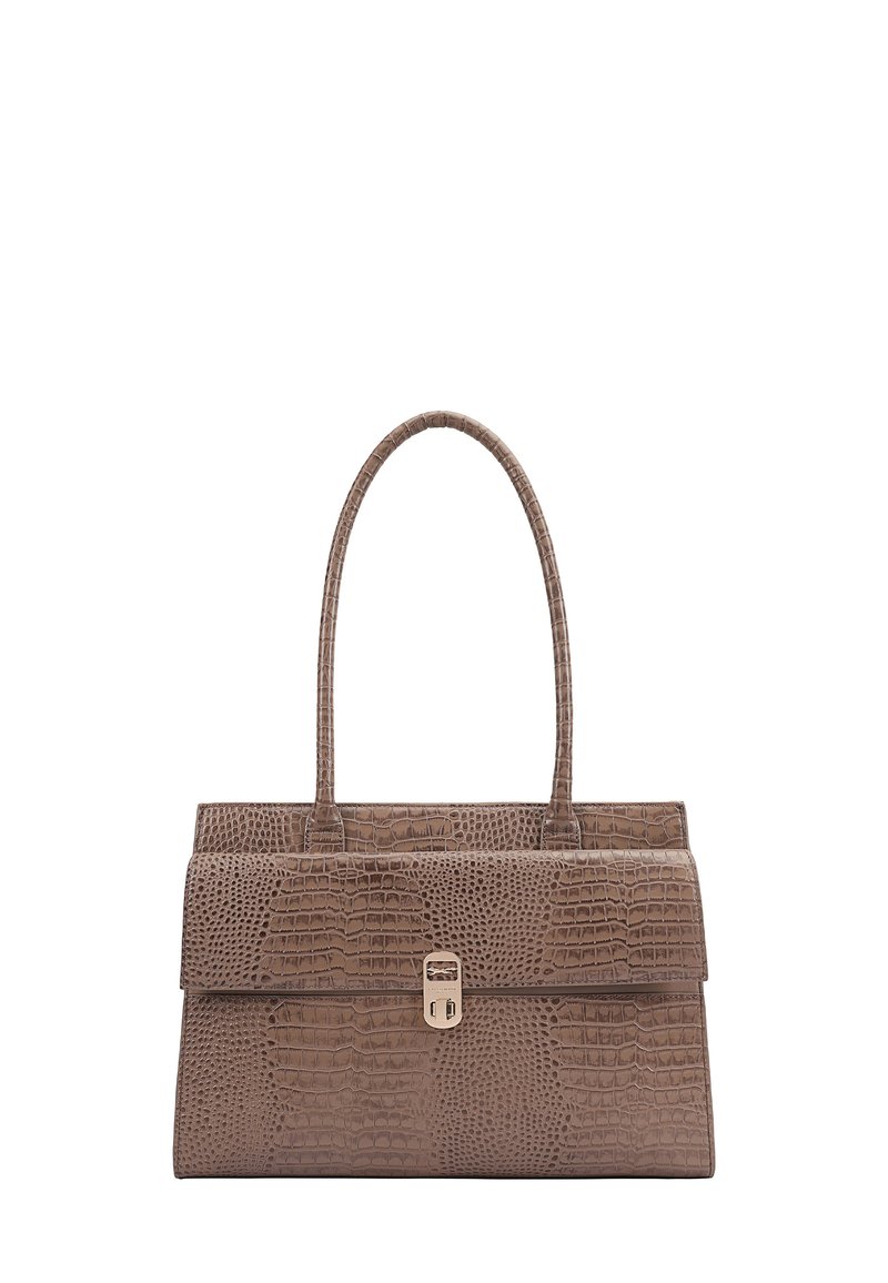 Bruine handtas met krokodillenpatroon, een gladde textuur, rechthoekige vorm en dubbele hengsels. Voorzien van een metallic sluiting.