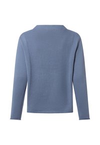Blauwe trui met lange mouwen, gemaakt van een gebreide stof met textuur, met een brede kraag en een rechte silhouette. Naaddetails op de schouders.