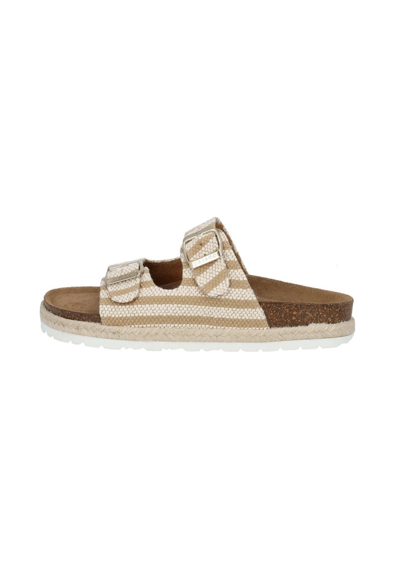 Gesloten teensandaal met een beige gestreepte stof bovenwerk, twee gespjes, kurken voetbed en een witte, gestructureerde rubberen zool.