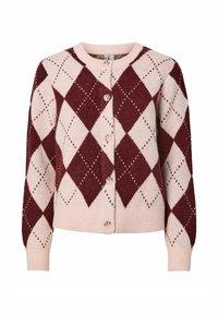 Sarkans un rozā argyle raksta džemperis ar noapaļotu kakla izgriezumu, garām piedurknēm un priekšējiem pogām; adīta tekstūra ar ribotu apakšmalu un piedurkņu galiem.