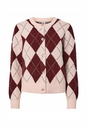Röd och rosa argyle-mönstrad cardigan med rund halsringning, långa ärmar och knäppning framtill; stickad textur med ribbat nederkant och ärmslut.